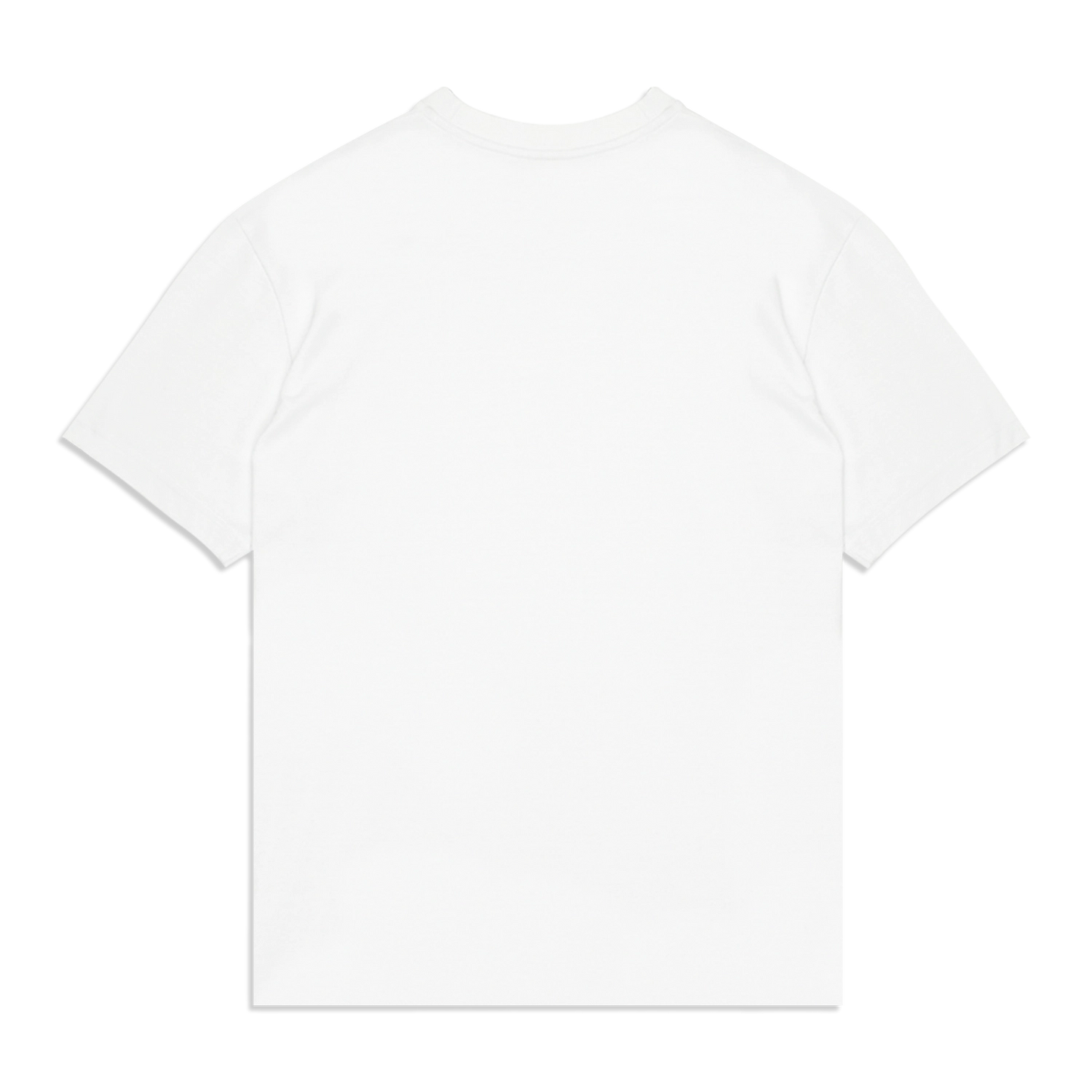 ack view of a plain white T-shirt with no graphics or prints.