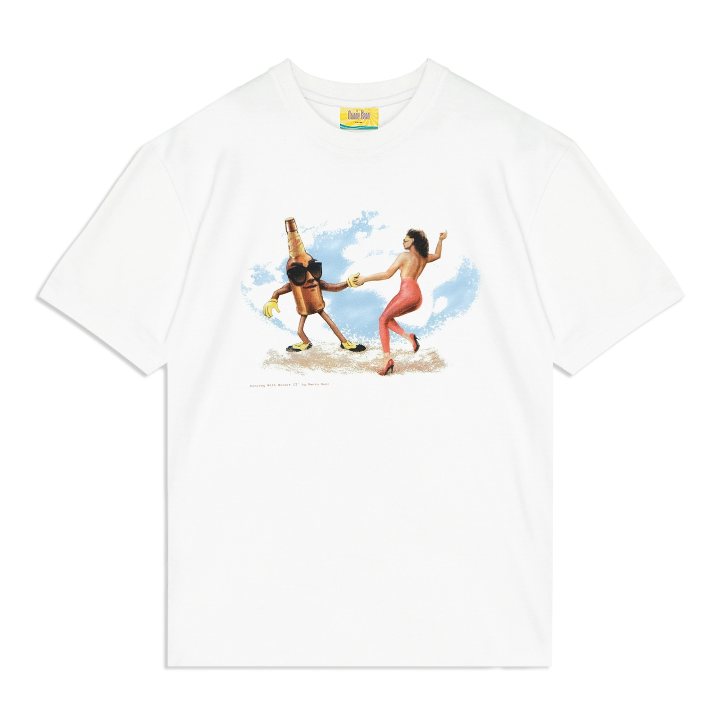 White graphic T-shirt featuring a vintage-style illustration of a dancing woman in red pants and high heels holding hands with an anthropomorphic beer bottle wearing gloves and shoes, set against a blue sky background