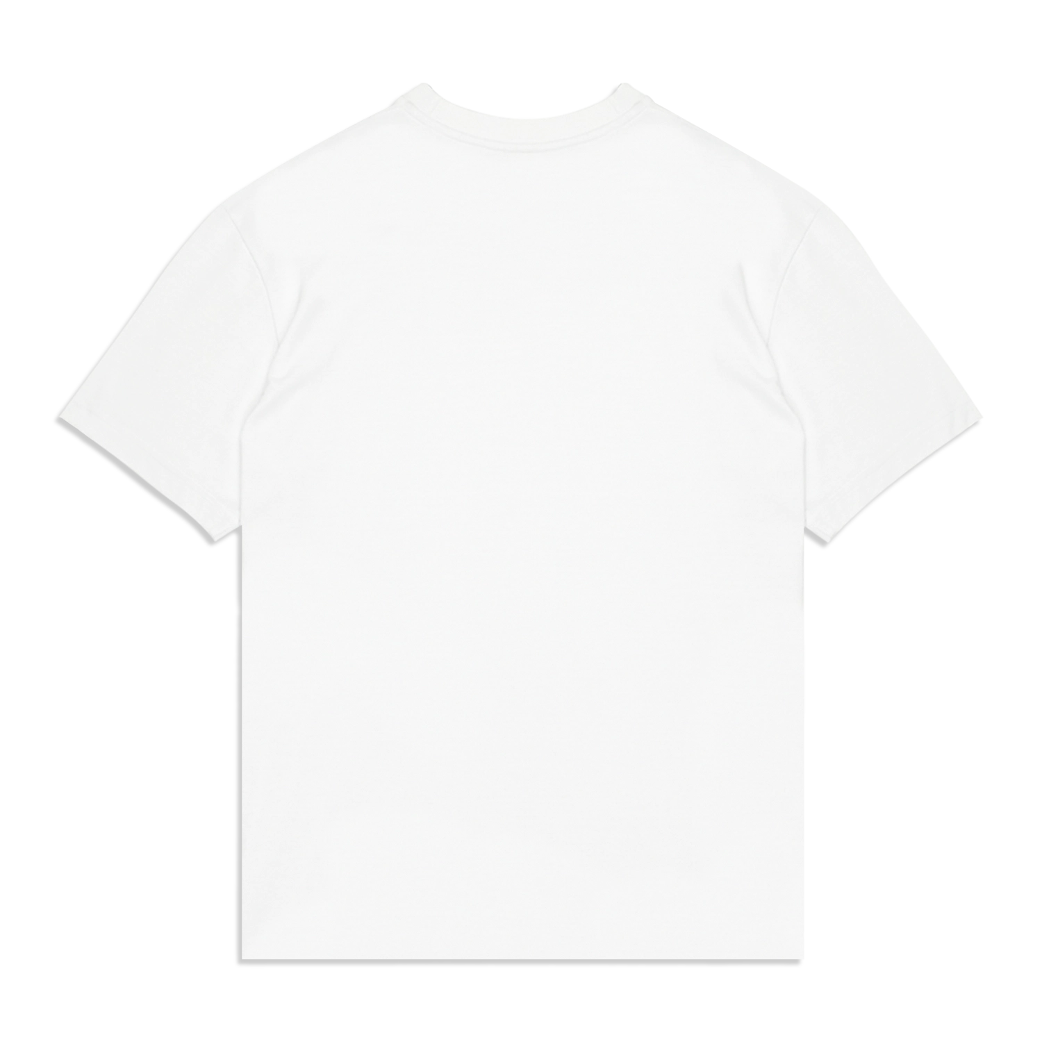 ack view of a plain white T-shirt with no graphics or prints.
