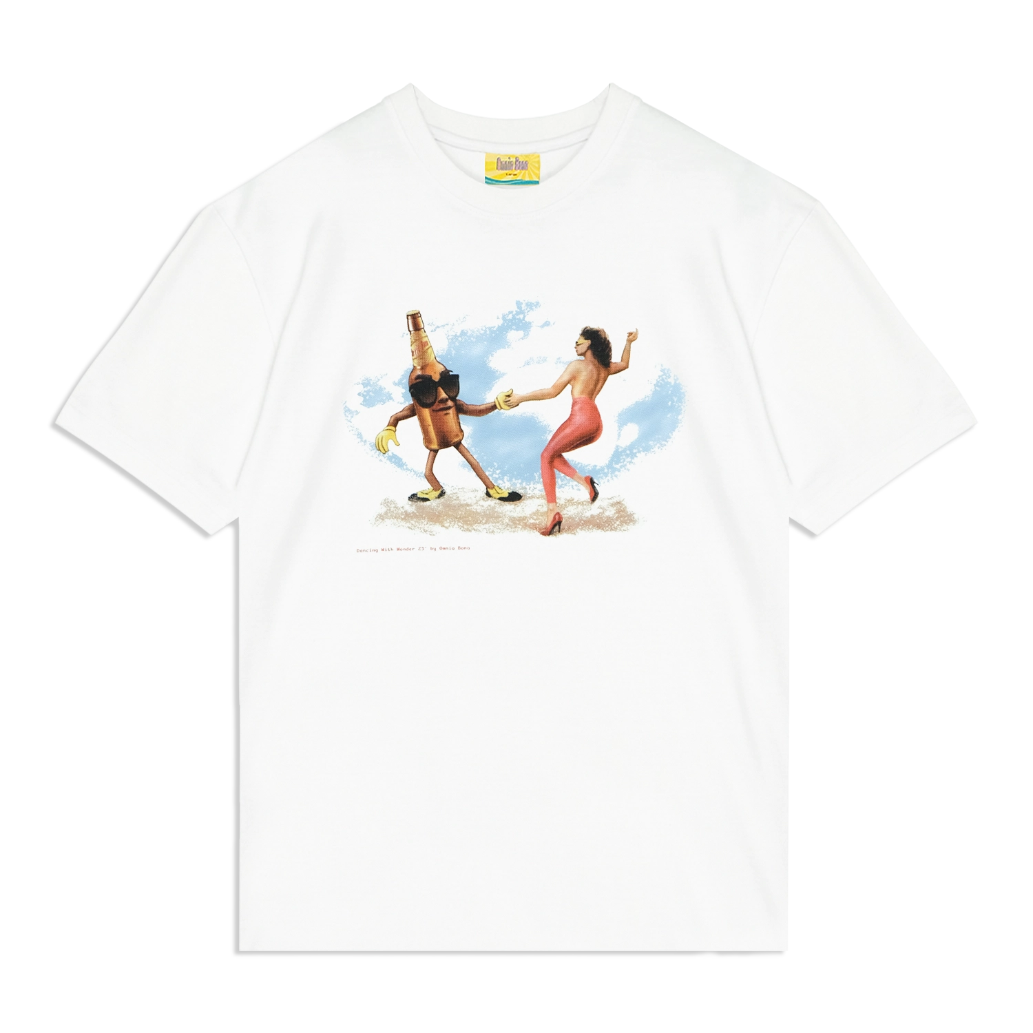 White graphic T-shirt featuring a vintage-style illustration of a dancing woman in red pants and high heels holding hands with an anthropomorphic beer bottle wearing gloves and shoes, set against a blue sky background